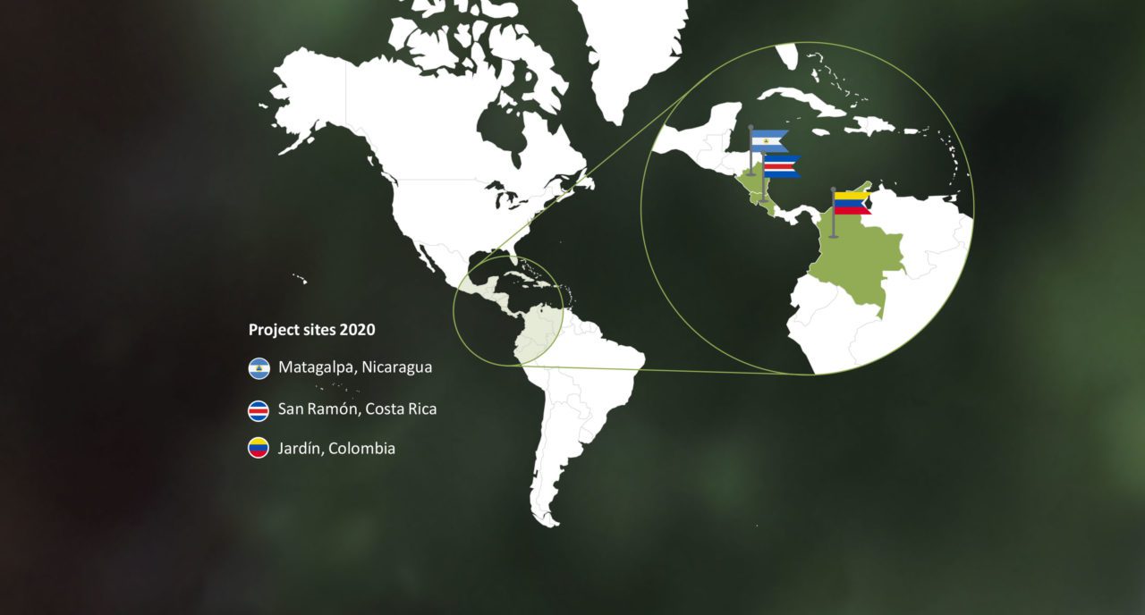 Project sites 2020 - Matagalpa, Nicaragua; San Ramon, Costa Rica; Jardin Colombia